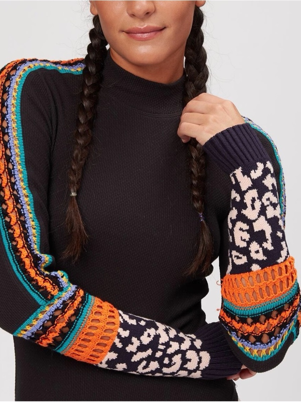 Free People Black Knit Sweater with Teal and Orange Crochet Trim